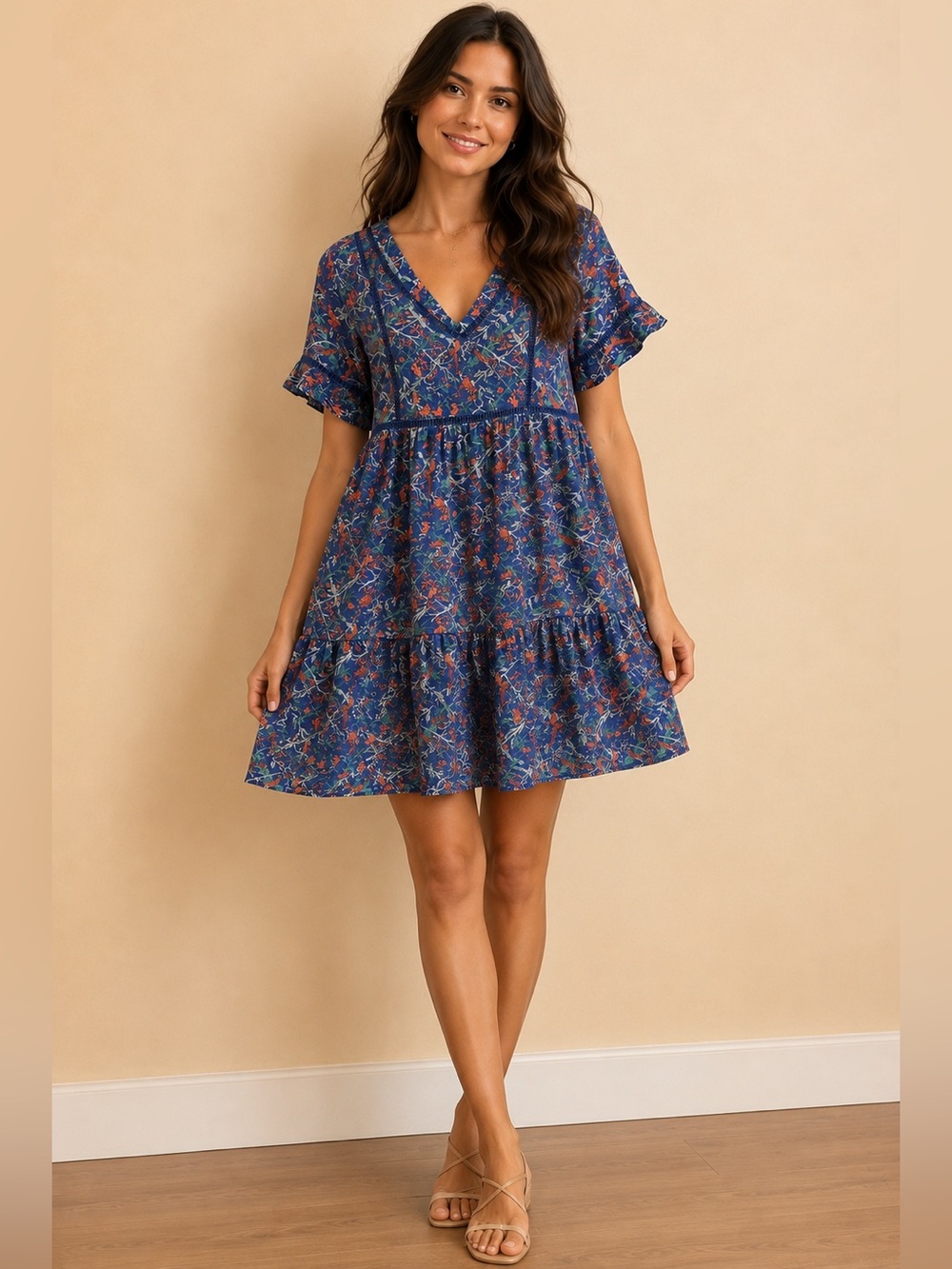 Blue Floral Tiered V-Neck Dress.
Excellent condition.